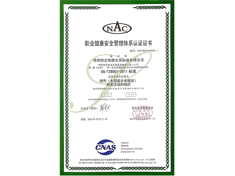 職業(yè)健康安全管理體系認(rèn)証証明書（中國(guó)語）